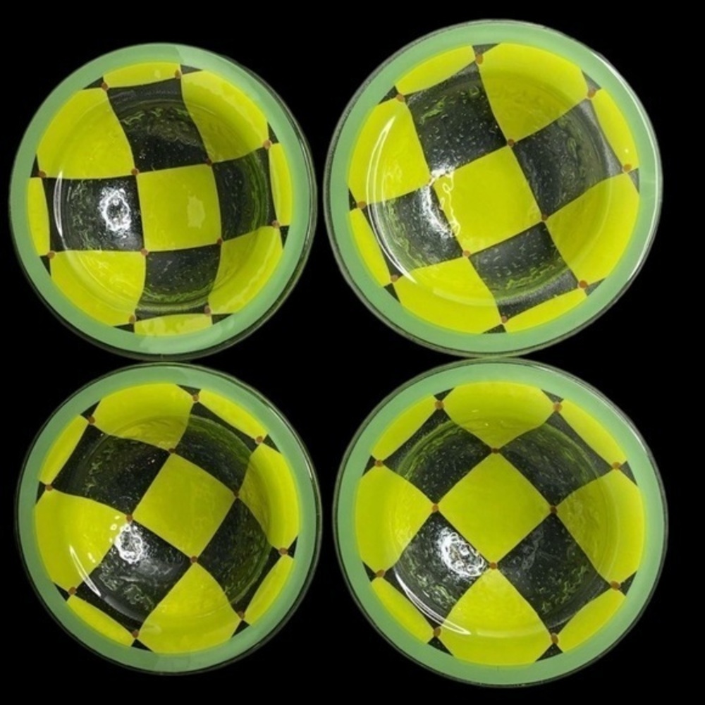 4 Yellow Geometric Design Green Border 7 5/8” Glass Bowls w/rolled rim in EUC